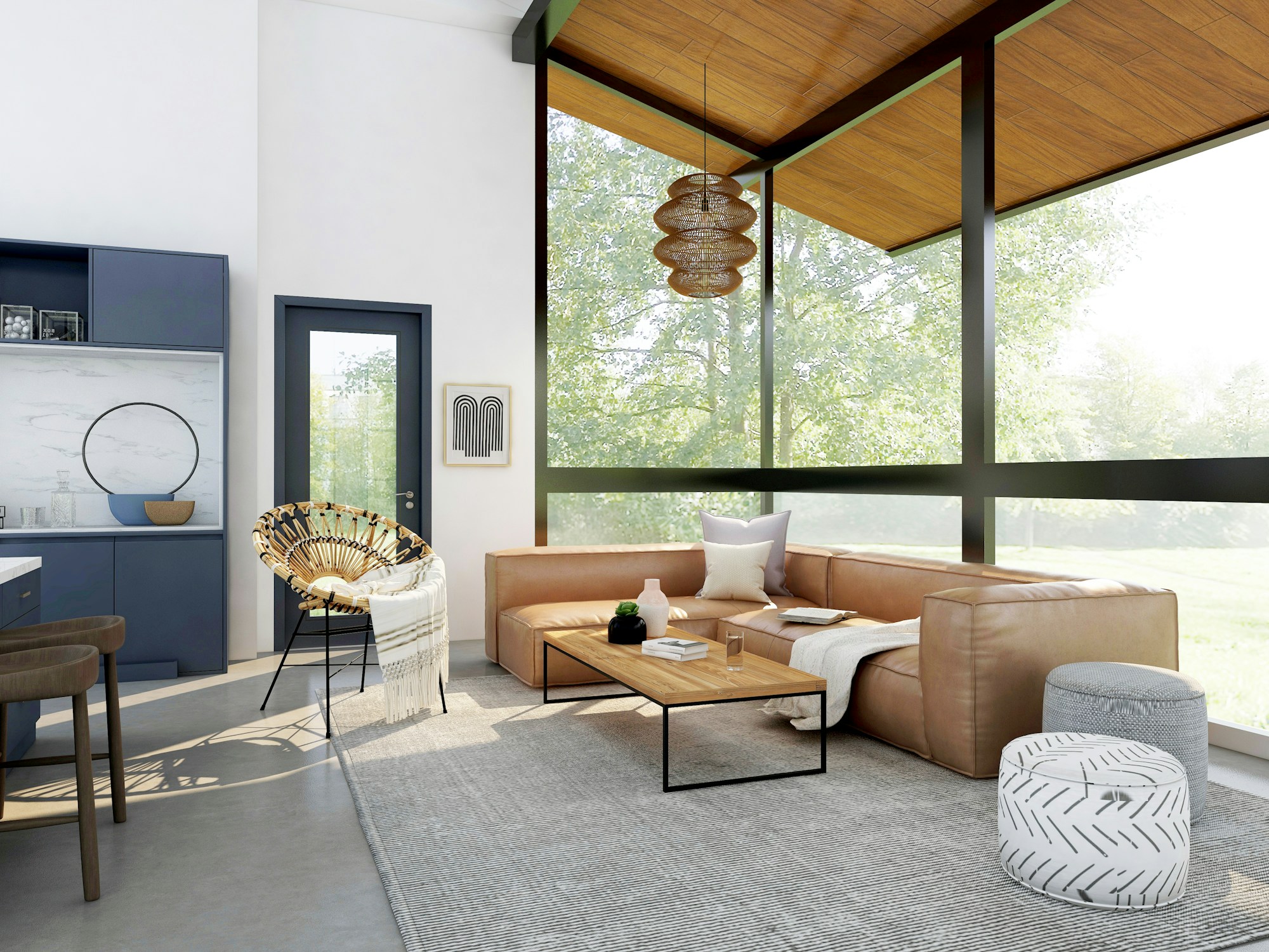 Sunlit living room with a tan sofa, woven pendant and layered natural textures